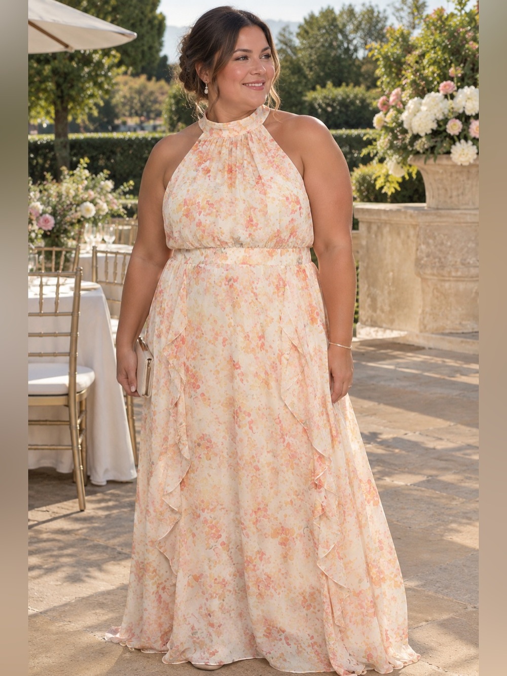 SIZE 2X Birdy Grey® Women’s Floral Maxi Dress Halter Ruffle Long Chiffon Dress